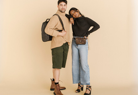 Take action A man and a woman wearing animal-cruelty-free fashion