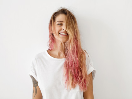 Girl with long blond and pink hair