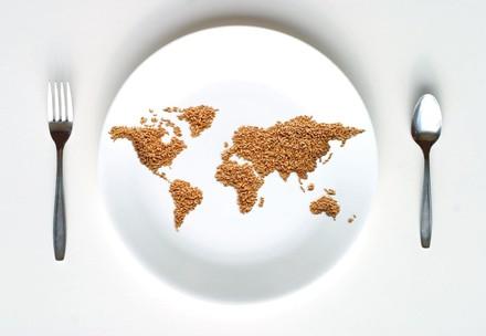 Plate with world map out of grains on it and knife and fork next to it