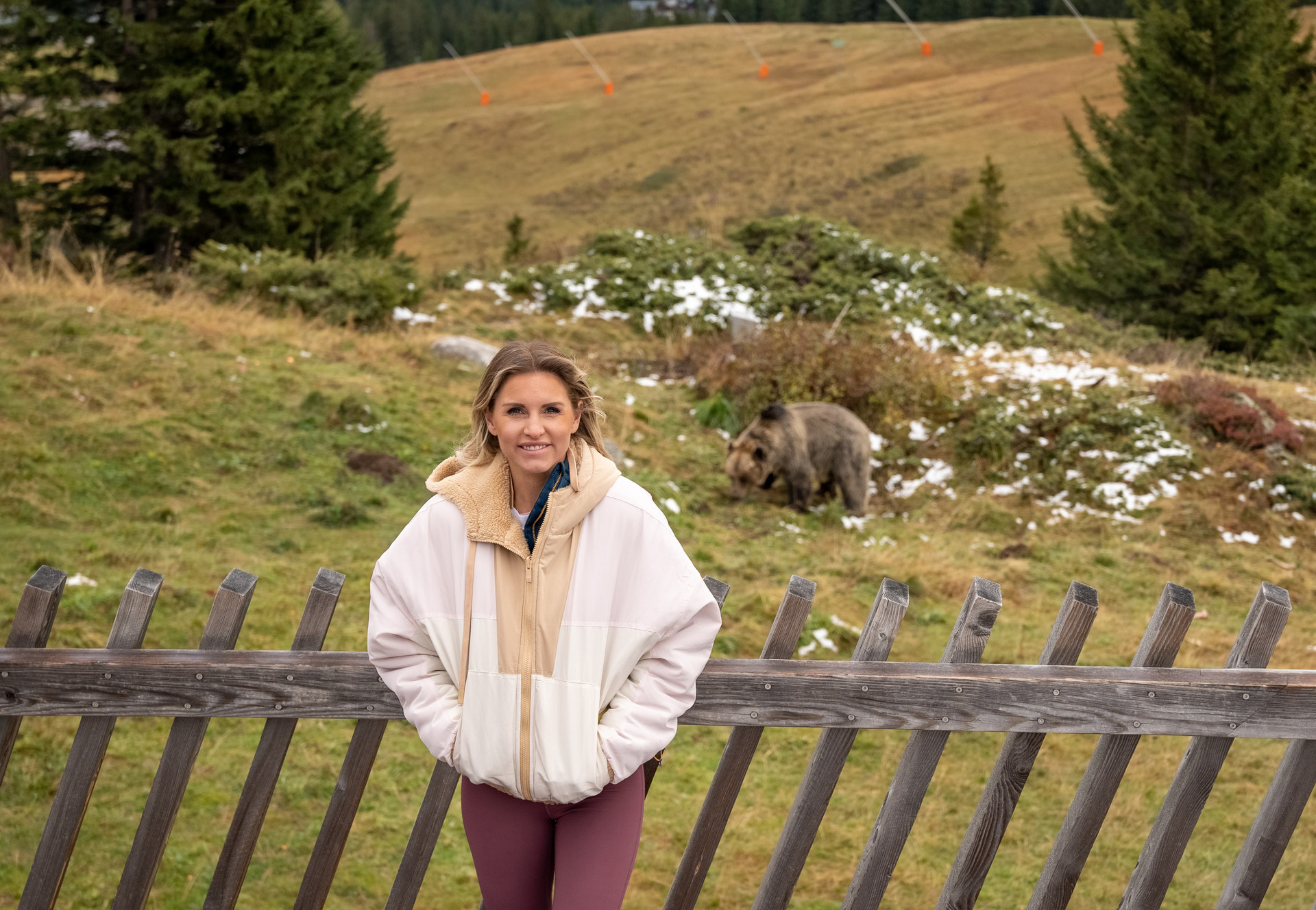 Fitness influencer Rebecca Louise at AROSA Bear Sanctuary, Switzerland