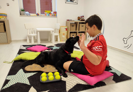 Rescue Dog Freya AAI dog Freya with a child in Bulgaria