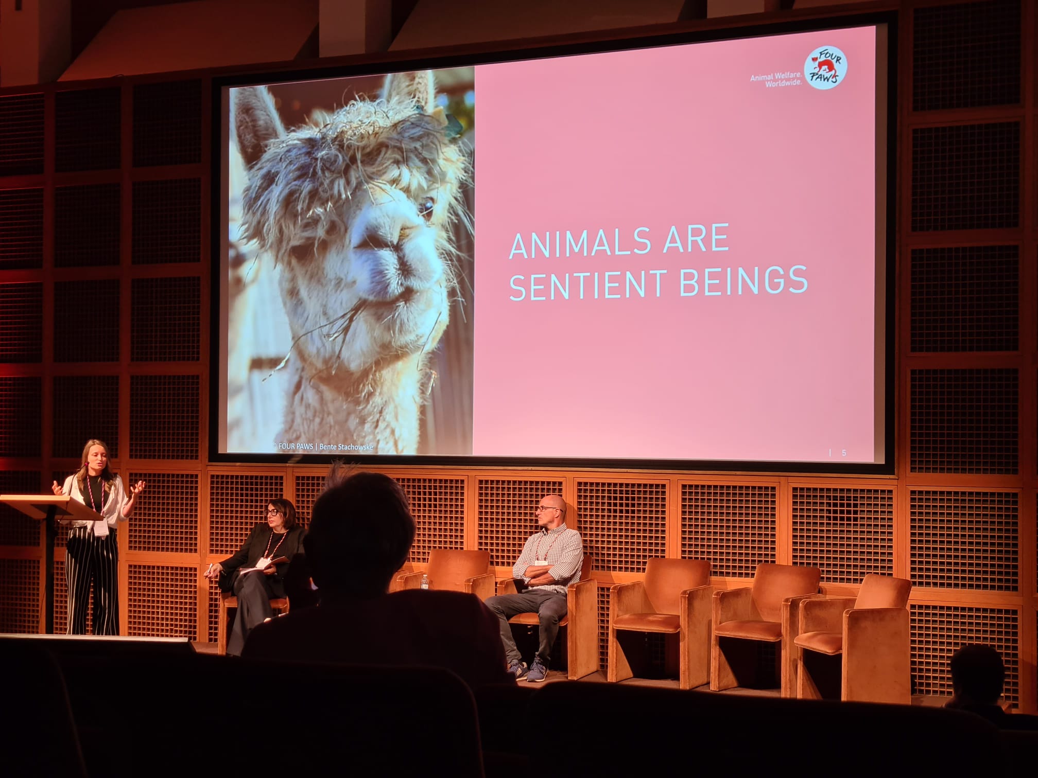 Rebecca Picallo Gil at a conference about animal welfare in textiles