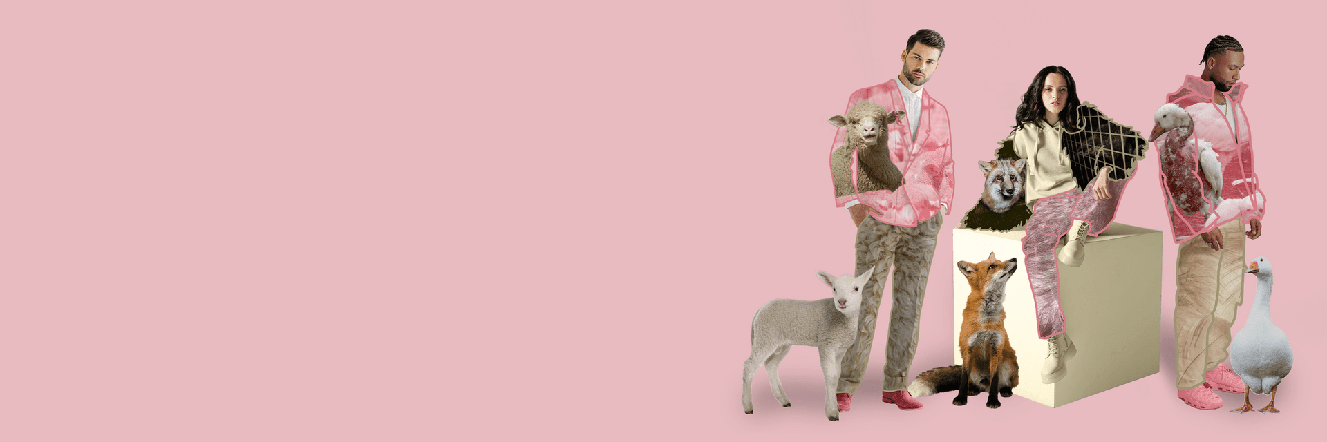 The Wear it Kind Brand Directory Symbolic image of people with different animals used for clothing materials for the Wear it Kind Directory